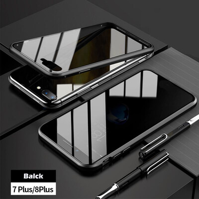

iPhone Glass CaseSlim Bumper Magnetic Adsorption Installation Anti-Scratch Aluminum Metal with Double Screen Protector Cover