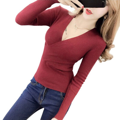 

Women Sexy Cross V Neck Knitted Sweater Pullover Fashion Autumn Winter Rib Knitted Sweater Women Long Sleeve Sweaters Female