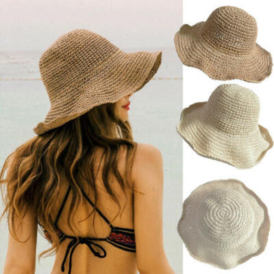

Girls Summer Straw Foldable Fedora Floppy Sun Hat Wide Brim Beach Women UK Stock