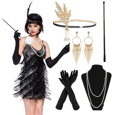 

1920s Accessories Flapper Set for Women Gatsby Costume Accessories Including Headband Gloves Necklace Cigarette Rod Earing