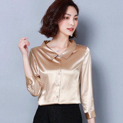 

Women Lapel Silk Temperament Blouse Solid Color Loose Autumn Vintage Cropped Sleeve Casual Bottoming Womens Tops And Blouses New