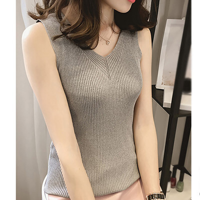 

Summer New Womens Elegant Fashionable Design V Neck Shirts Sleeveless Solid Knitted Loose Tank Top Fitting Tee Tops