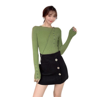 

Knitted Sweater Elastic Bottoming Jumper Women Long Sleeve Slim Button Tops