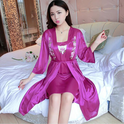 

Women Soild Color  Thin Satin Luxurious Lightweight Long Sleeve Night Dress With Belt Lace Sexy Home Set Mid Dress
