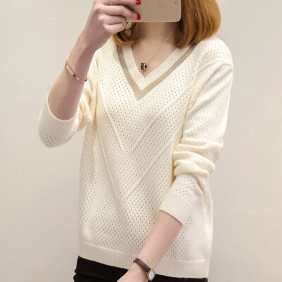 

Autumn Winter Sweater Women Pullovers Hollow Sweaters Women Loose Knitted Warm Sweater Female V-neck Small Fresh Sweater