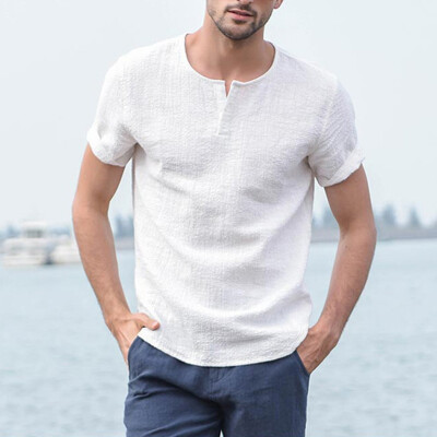 

Toponeto Mens Baggy Cotton Linen Solid Short Sleeve Button V-Neck Retro Shirts Tops