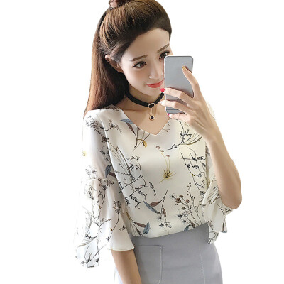 

Womens V Neck Half Flare Sleeve Floral Print Blouse Sweet Chiffon Korean Style Shirts Female Plus Size 3xl New Arrival