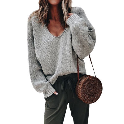 

Women Casual Knitted V-Neck Loose Sweater Long Sleeve Pullovers Solid Color 2019 New Autumn Winter Fashion Womens Warm Tops