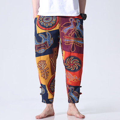 

Gobestart Mens New Style Fashion Ethnic Wind Printed Nine-Cent Pants Large Pants