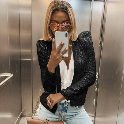 

Women Jacket Solid ColorSequined Bling Bling Glitter Open Front Stand Collar Long Sleeve Cool Party Wear