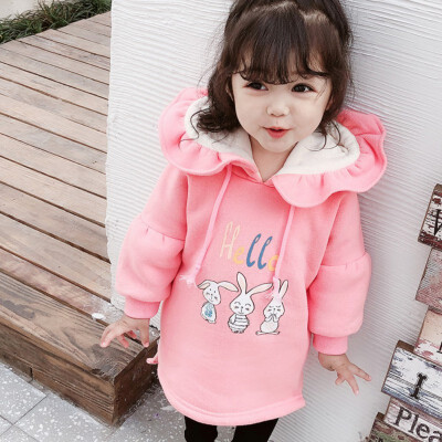 

1-7T Children Girl Clothes Winter Plus Velvet Baby Girls Cartoon Print Sweater Long Sleeves Casual Hat Collar Sweet Tops