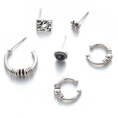

Black Stone Ancient Tibetan Silver Stud Earrings For Women New Vintage Jewelry