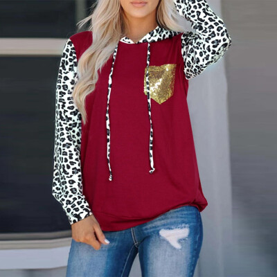 

Tailored Women Casual Leopard Print Splicing Full Sleeve Pullover Hooded Loose Pocket Top