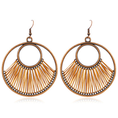 

Handmade Knitted Bohemia Woven Vintage Round Hollow Earring Drop Ethnic Elliptical Yarn Earring