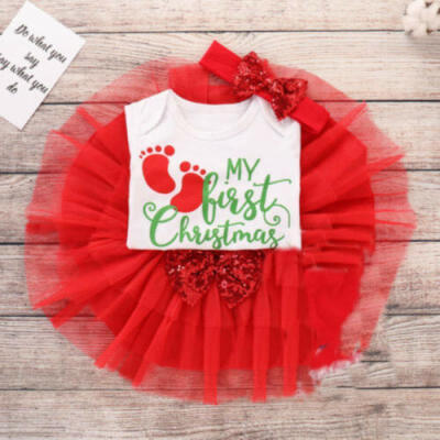 

3PCS Newborn Baby Girl My 1st Christmas Clothes RomperLace Tutu Skirts Outfits