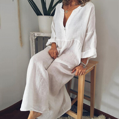 

Casual Women Autumn Dress Loose Solid Button Prairie Chic Femme Pullover Long Sleeve Long Dress