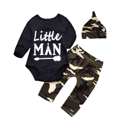 

3Pcs Newborn Boys Rompers Long Sleeve Letter Print Jumpsuit Autumn Cotton Camouflage Pants Hats Set