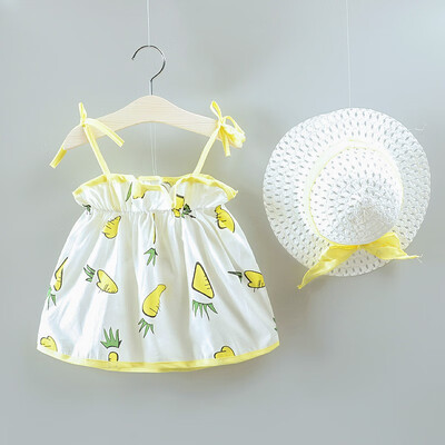 

Summer Girls Cartoon Print Bow Princess Cute Sweet Sleeveless Sling Cotton Dress With Hat 2pcs 0-24M Cute Newborn Baby Clothes