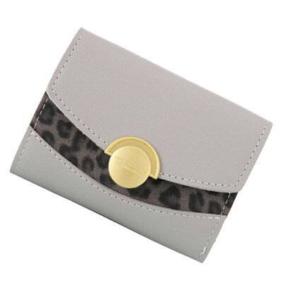 

Lady Leopard Patchwork Round Button Trifold Short Wallet Faux Leather Coin Purse