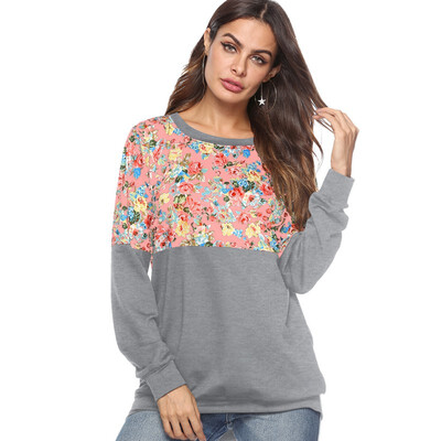

2018 New Autumn Floral Print Patchwork Women Sweatshirt Female Loose Long Sleeve O Neck Pullover Top