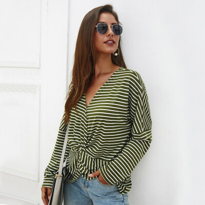 

Women Loose T Shirt V-Neck Summer Autumn T-shirt Wild Bow Stripes Print Tee Tops Loose Long Sleeve Casual Simple T-Shirt 2019