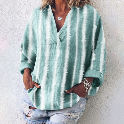 

Womens Baggy Tops Long Sleeve V Neck Stripes Printed Summer Party Blouse Shirts