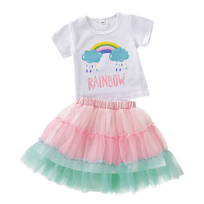 

2PcsSet Summer Baby Girl Short Sleeve Rainbow Rain Print T-shirt BlouseMesh Skirts Casual Outfits Set