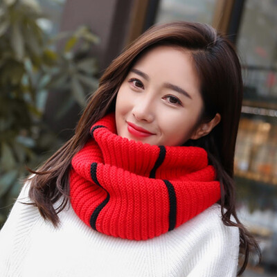 

2018 New Fashion Women Winter Striped Ring Scarves Patchwork Warm Knit Cowl Neck Scarf Shawl Adult Couple Ring Scarf