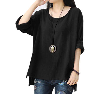 

Leisure Women T-Shirts Long Sleeve Solid Color O-Neck Cotton And Linen Tops