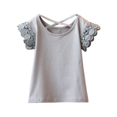 

Summer Children Girls Cotton Solid Print T-shirt Tops Blouse Short Sleeve Casual Lace Design Tee Shirts 0-7 Years