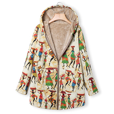 

Toponeto Plus Size Women Winter Warm Vintage Floral Printed Thicker Zipper Coat Outwear
