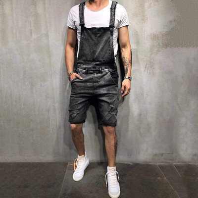 

Gobestart Mens Overall Casual Jumpsuit Jeans Wash Broken Pocket Trousers Suspender Pants