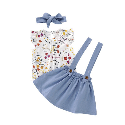 

1-5T Summer Baby Girl Flare Sleeve Floral Print T-shirt Blouse Strap Skirts Headband Casual Outfits Set