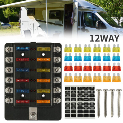 

12way Blade Fuse Box Holder Screw Terminal with LED Warning Indicator Damp-Proof Cover Fuse Block For Car Bus Yacht Ship