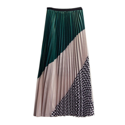 

2019 Spring Summer New Contrast Color Mosaic Plaid Stripe Big Swing Pleated Long Maxi Skirt Women faldas mujer moda jupe femme