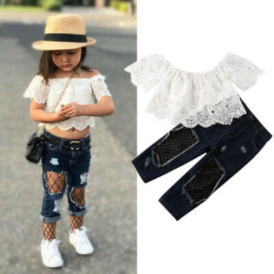 

Toddler Baby Girls Lace Off Shoulder Crop Tops Denim Long Pants Outfits Clothes