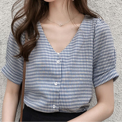 

blusas mujer de moda 2018 Female Blouse Shirt Short Sleeve Plaid Womens Shirts V Neck Casual Blusa Feminina Lady Clothing