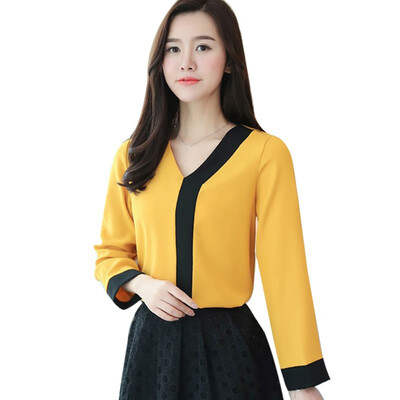 

V Neck Shirts Female Long Sleeve Autumn New Casual Loose Blouses Patchwork Color Chiffon Blouse Ladies Fashion Top