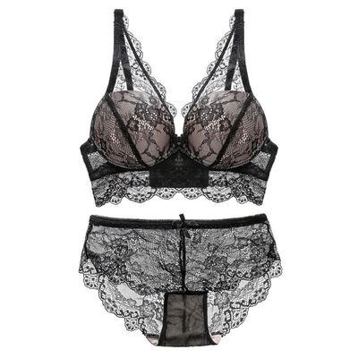 

Women Bra Sexy Lingerie Lace Embroidery Push Up With Steel Ring Gathering 34 Cup Bra Panties Set