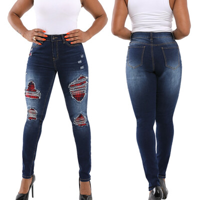 

Gobestart Women Casual Stretch Plaid Print Splice Jean Leggings Slim Hole Trouser Pants