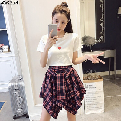 

Womens Heart Printed Short Sleeve T-Shirt Plaid Print Asymmetrical Skirt Two-Piece Set Sweet Womens Sets