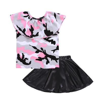 

Baby Girl Clothes Set Camouflage T-shirt Blouse PU Skirt Fashion Baby Clothes Collar Baby Girl Clothes Set