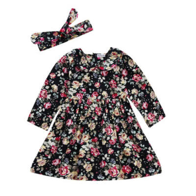 

UK Toddler Baby Girls Long Sleeve Floral Dress Kids Princess Party Cotton Dress