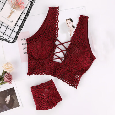 

Sexy Bandage Lace Cross Belt Hollow Bra 2019 Lingerie Bra Set Intimates Underwear Set Lace Push Up Wire Free Bra&Panty Set