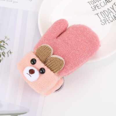 

Cute Cartoon Bear Baby Gloves Winter Wool Plus Thick Full Rope Finger Mittens Warm Knitted Gloves