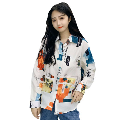 

Women Loose Lapel Shirt Casual Blouses Fashion Printed Long-sleeved Shirt Female Blosues