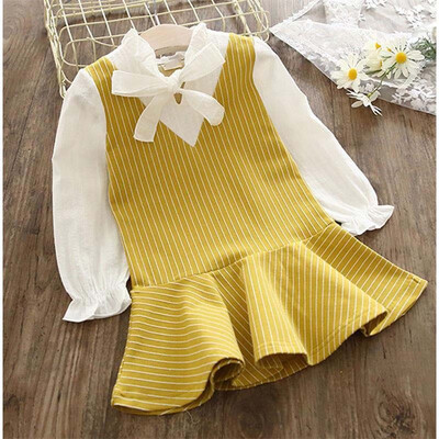 

Girls Dress Autumn Kids Girls Casual Fake 2 Piece Long Sleeve Striped Print Bowknot Design Dress Baby Children Costume