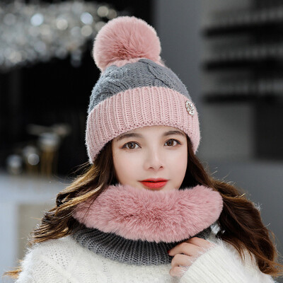 

Autumn&winter 2019 Wool Hat Womens color matching wool ball warm knit hat set head Bib Set hat manufacturer direct sales