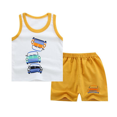 

Summer Cotton Kids Casual Outfits Set-Sleeveless Cartoon Printed T-shirt And Pure Colored Short Pants 2-7T