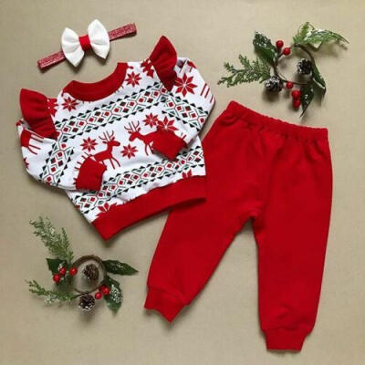 

3PCS Infant Baby Girls Xmas Outfits Long Sleeve Tops Pants Headband Clothes Set